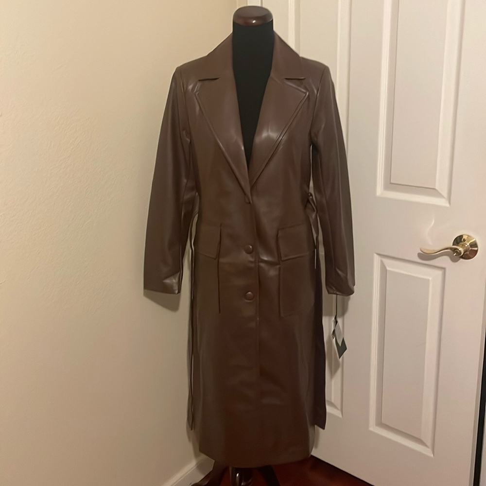 New Bagatelle New York Chocolate Brown Faux Leather Trench Coat - Picture 16 of 16